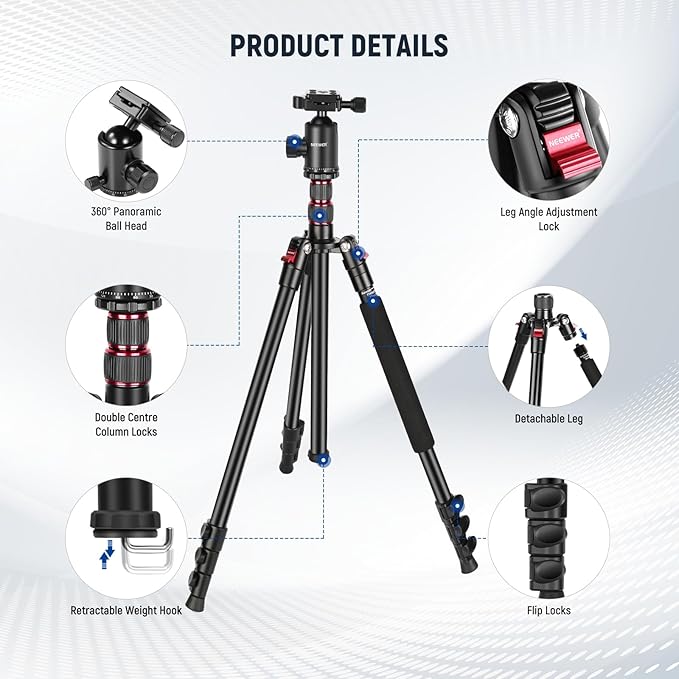 NEEWER 77" Camera Tripod Monopod with Cell Phone Holder Compatible with iPhone for Video Recording, Compact Aluminum Lightweight Travel Stand with Ball Head QR Plate Bag Cleaning Cloth, Max Load 34lbs