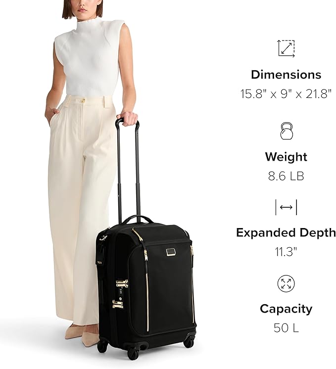 TUMI - Voyageur Leger 4 Wheeled Luggage - Women's Lightweight and Spacious, Sleek Silhouette, Durable Premium Suitcase - 21.8" Continental Expandable Carry-On, Black with Gunmetal Hardware