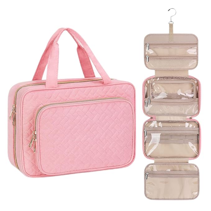 Wedama Toiletry Bag for Women, Medium Cosmetic Travel Bag, Hanging Toiletry Bag for Bathroom, Thickened PVC Waterproof Makeup Bag, Toiletries Bag for Travel Business Trips and Camping, Pink