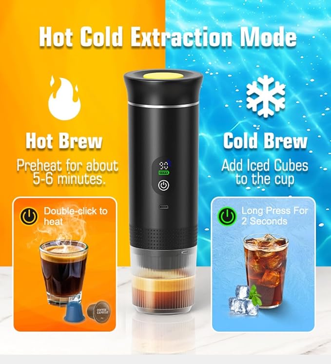 Portable Electric Coffee Maker, Digital Display, Compatible with Coffee Pods,Rechargeable Coffee Machine for Travel, Camping, RV,Home,Office (black)
