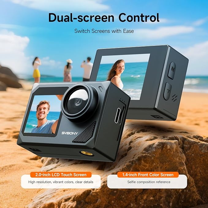 SVBONY SVGo2 Action Camera 4K30FPS 50MP, 5X Zoom Touch Screen Sports Camera, Waterproof Cameras,6-Axis EIS with Floating Selfie Stick, Wired Microphone, 2 Batteries, for Sports Vlog