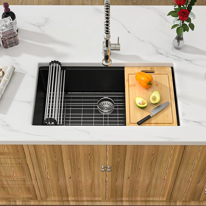 32 Granite Composite Kitchen Sink - Donsdey 32 Inch Black Kitchen Sink Undermount Granite Quartz Composite Ledge Workstation Matte Black Under Counter Single Bowl Sink Basin