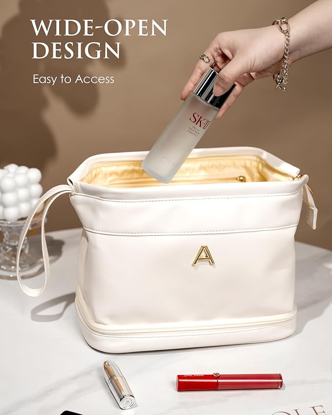 Birthday Gifts-Teen Girl Gifts Trendy Stuff Initial Large Makeup Bag for Women, Personalized Double Layer Cosmetic Bag with Makeup Brush Organizer, PU Leather Travel Toiletry Bag,Bride Gift