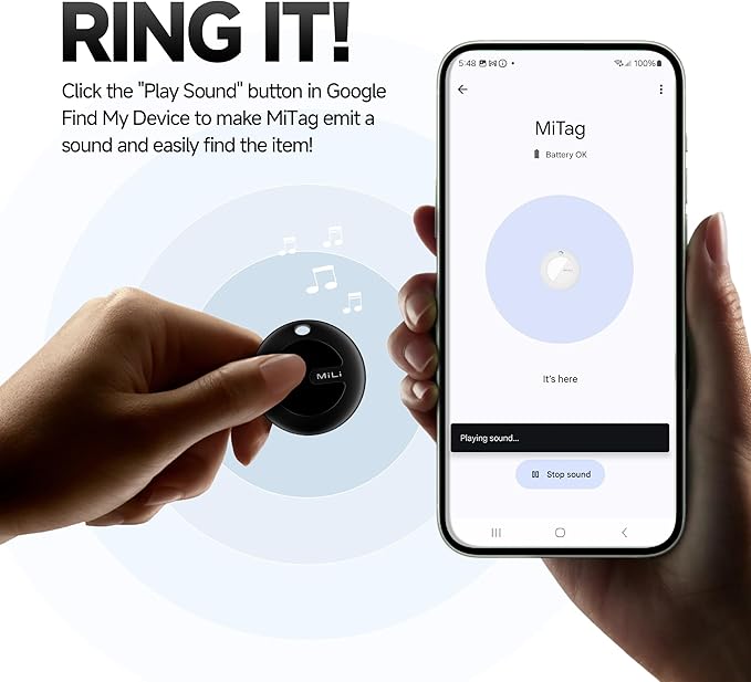 MiLi MiTag Bluetooth Tracker for Android, Google Certified Key Finder/Luggage Tracker/Item Locator, Smart Tracking Tag for Google Find My Device (Find Hub) App (BLK, 2PCS)