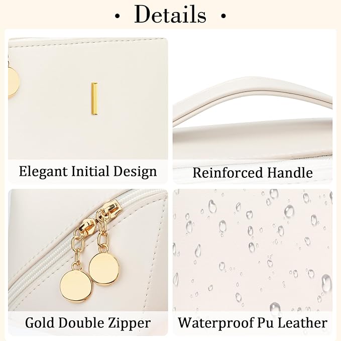 Birthday Gifts for Women Teen Girl, Personalized Initial Makeup Organizer Bag Set, Open Flat Travel Cosmetic Bag With Clear Divider and Handle(Beige,I)