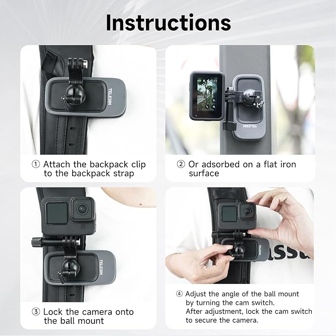 TELESIN Magnetic Mount, 360° Rotating Backpack Clip with Phone Holder for Go Pro iPhone Accessories for Hero 13 12 11 10 Akaso Insta360 X5 X4 X3 Ace Pro 2 DJI Action 5 Pro 4 3 Pocket 3 Bike Motorcycle