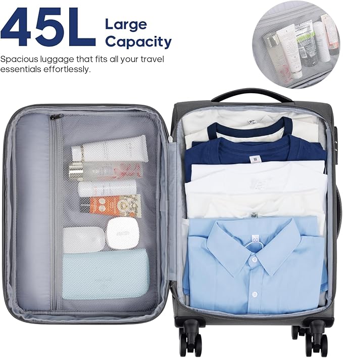 UKEIN Expandable Carry On Luggage 22x14x9 Airline Approved, 20Inch Softside Carry On Suitcase with Wheels & TSA Lock, Travel Suitcase with 4-Piece Packing Bags for Women Men (Grey, Carry on （20in）)