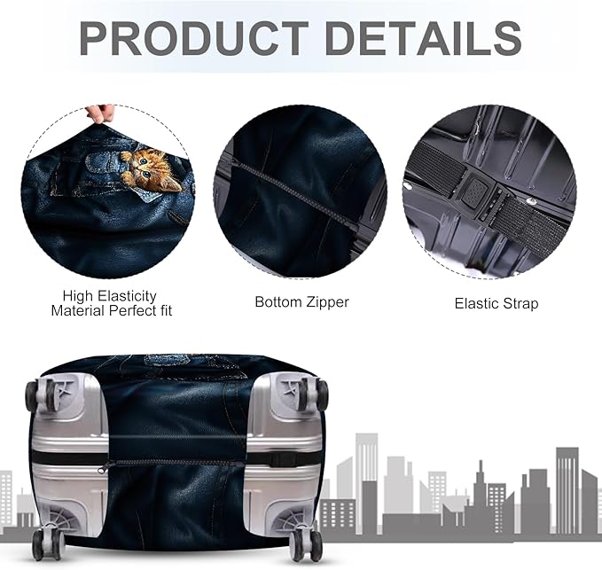 ANNA QUEEN Cute Kitten in Pocket Luggage Cover, Funny Cat Suitcase Protector with Denim Print, Stretchable & Washable Spandex Travel Cover for 32-34 Inch Luggage