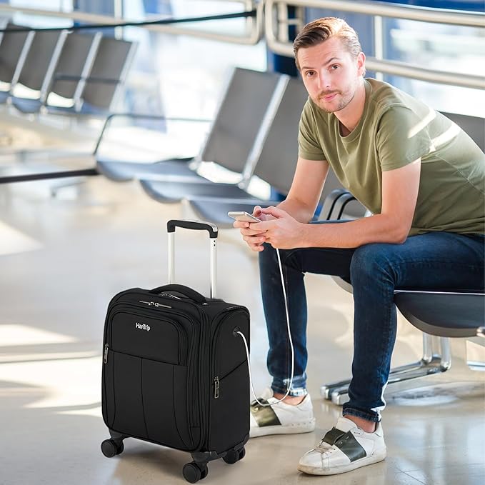 16 Inch Underseat Carry On Luggage with Wheels Softside Small Suitcases Personal Item Bag with Pocket Travel Luggage for Men Women Business Overnight Bag(Black)