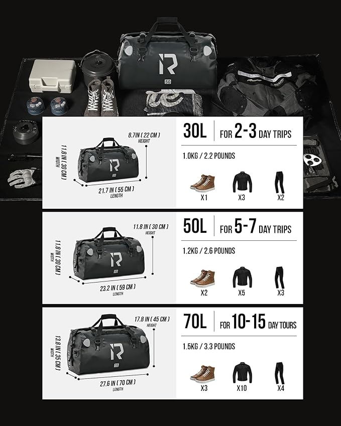 IRON JIA'S Motorcycle Dry Bag - Waterproof Duffle & Luggage Tail Bag Saddle Bags with Roll Top Closure, Shoulder Straps, Inner Pocket and Mesh Pocket (Black, 70L)