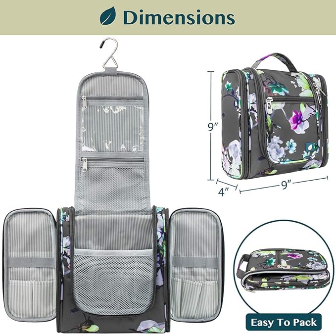 PAVILIA Toiletry Bag Travel Bag for Women Men, Hanging Cosmetic Organizer, Water Resistant Makeup Bag for Accessories Toiletries, Large Travel Essentials Kit (Floral Grey)