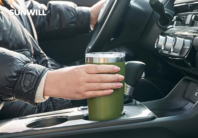 SUNWILL Travel Coffee Tumbler 20 oz, Insulated Mug with Lid, Stainless Steel Cup for Outdoor, Powder Coated Olive