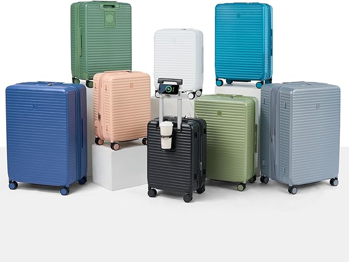Hard Shell Suitcases Travel Expandable Luggage, 24 Inch Check in Luggage with Spinner Wheels Cup Holder Charger Built in, Checked Medium Suitcase Lightweight Suitcases, Black