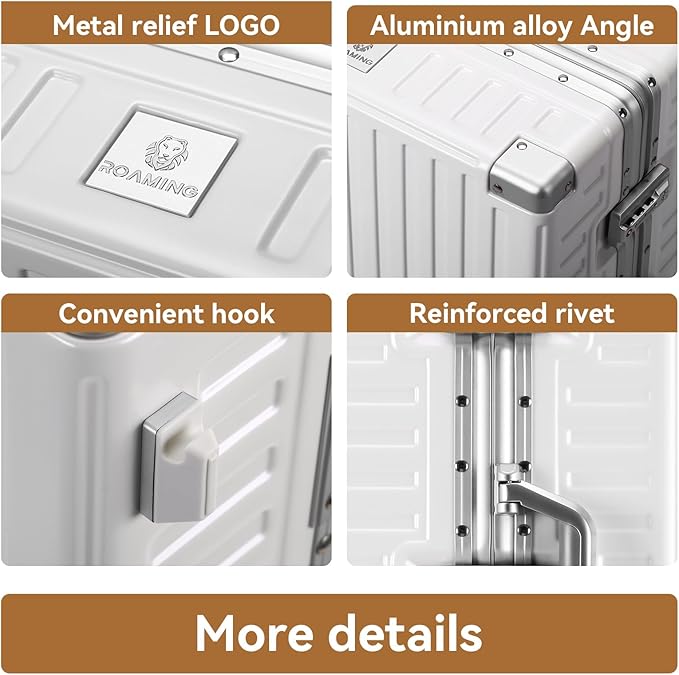 ROAMING Zipperless Luggage 24 Inch with Aluminum Frame, 3-Layer PC Trunk-Medium Lightweight Hard Shell Suitcase with Spinner Wheels, Metal Travel Luggage with Double TSA Locks, Shell white