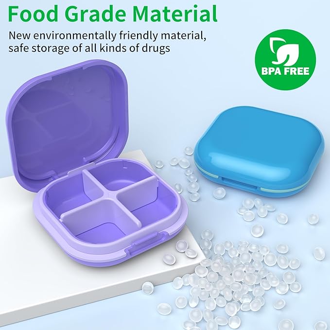 Daily Pill Organizer 4 Compartments, Small Pill Box Portable Travel Pill Case, Mini Pill Container for Purse Pocket, Compact Travel Medicine Organizer for Vitamin, Cod Liver Oil, Supplement (Blue)
