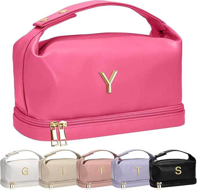 Monogrammed Gifts for Women, Personalized Makeup Bag with Handle, Initial Double Layer Cosmetic Bag with Makeup Brush Organizer, Cute Cosmetic Pouch for Women, Gifts for Friends Female