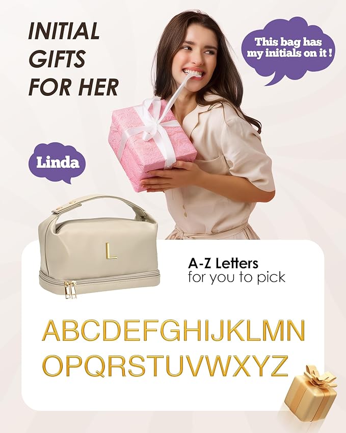 Makeup Bag with Handle, Waterproof Double Layer Cosmetic Bag, Large Capacity PU Leather Makeup Bags Letter Travel Toiletry Bag with Makeup Brush Organizer