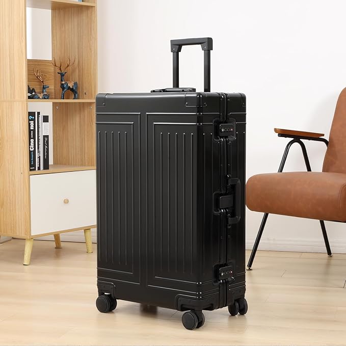 All Aluminum Carry On Luggage，Cut from Whole Aluminum Sheet，22x14x9 Airline Approved ，（3rd Generation，Premium Metal zipperless suitcase ） (black, 28inch)