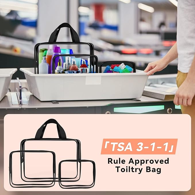 TISRATOK 10 PCS Clear Travel Makeup Toiletry Bag, Plastic PVC Cosmetic TSA Approved Organizer Kit with Zipper Handbag（Black）
