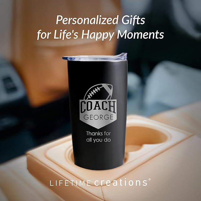 Lifetime Creations Personalized Football Coach Tumbler: Custom Football Coach Gift, Coaches Coffee Travel Mug from Team, Insulated Engraved Stainless Steel 20 Ounce Cup (Matte Black)