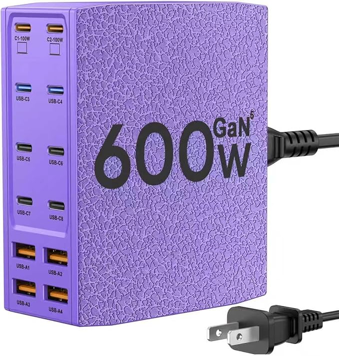 USB Charging Station (600W),12-Port USB C Charger Block with Dual 100W PD USB-C Fast Charging Station Hub for MacBook Pro/Air/All iPad Phone 17/16 15/14/13/Pro Max/Samsung Galaxy Note(Purple)