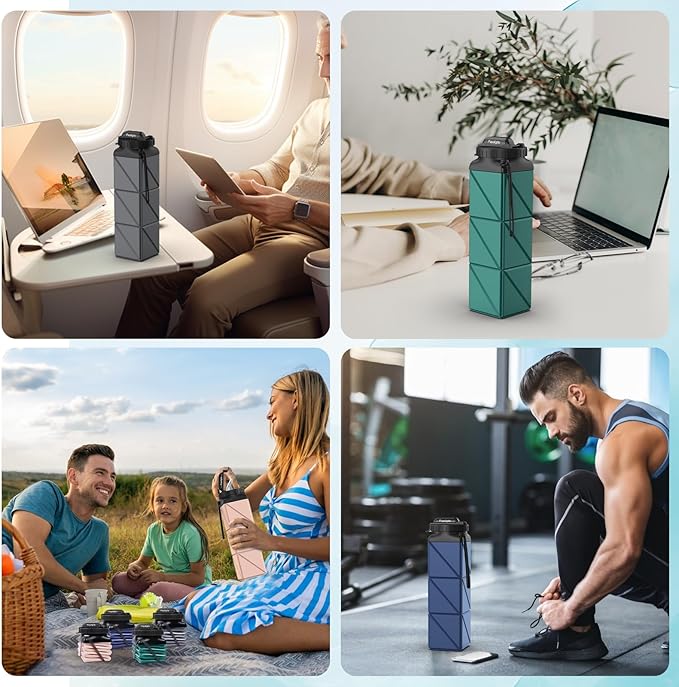 Collapsible Water Bottles 20.6oz Foldable Water Bottle BPA Free Reusable Lightweight LeakProof Travel Silicone Water Bottles for Travel Gym Hiking Camping (Upgrade Dark Grey)