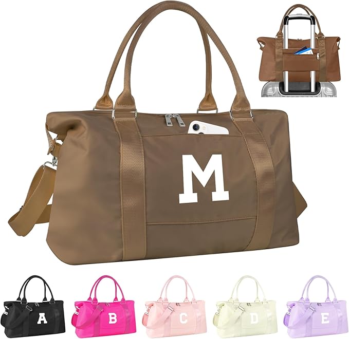 Birthday Graduation Gifts for Daughter,Initial Travel Duffel Bag Sports Gym Bag for Girls Teen Kids Birthday Gifts,Personalized Weekender Bag Carry On Tote Bags Cute Overnight Bag for Women(Brown, M)