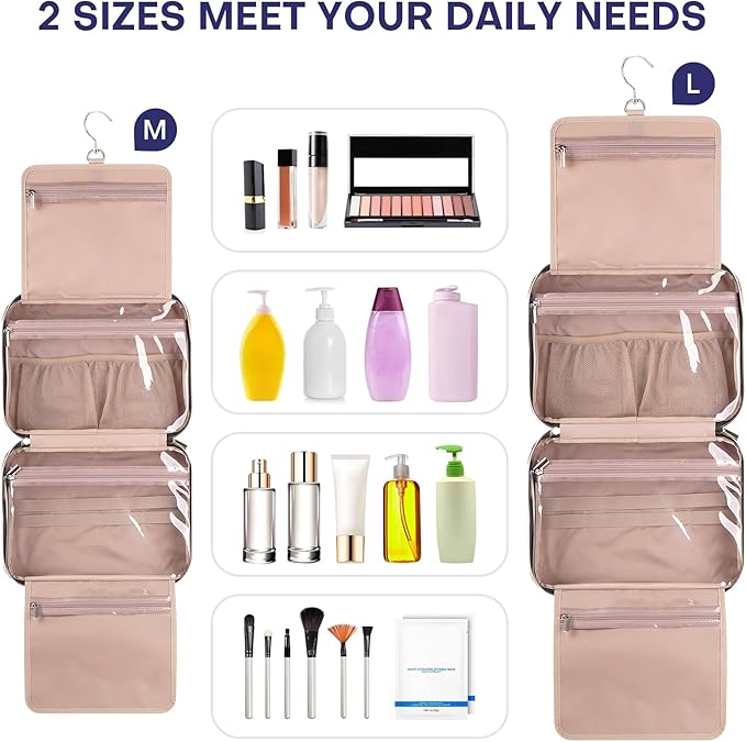 Hanging Toiletry Bag for Women Travel, 2 Sizes Large & Small Waterproof Cosmetic Organizer with 4 Compartments, Rotating Hook, Foldable Pink Travel Bag for Toiletries & Makeup, Large Grey Blue