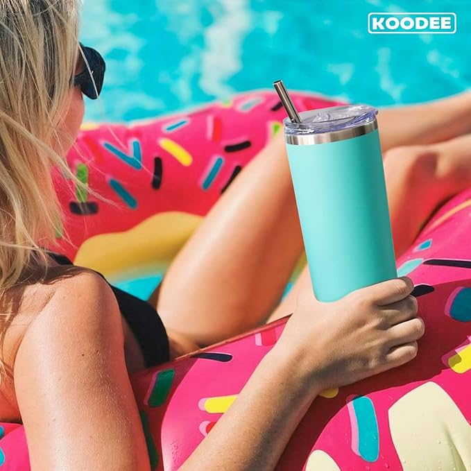 koodee 20 oz Tumbler with Lid and Straw -4 Pack Insulated Skinny Tumblers Stainless Steel Double Wall Water Cup (Yellow/Teal/Sky Blue/Wine Red)