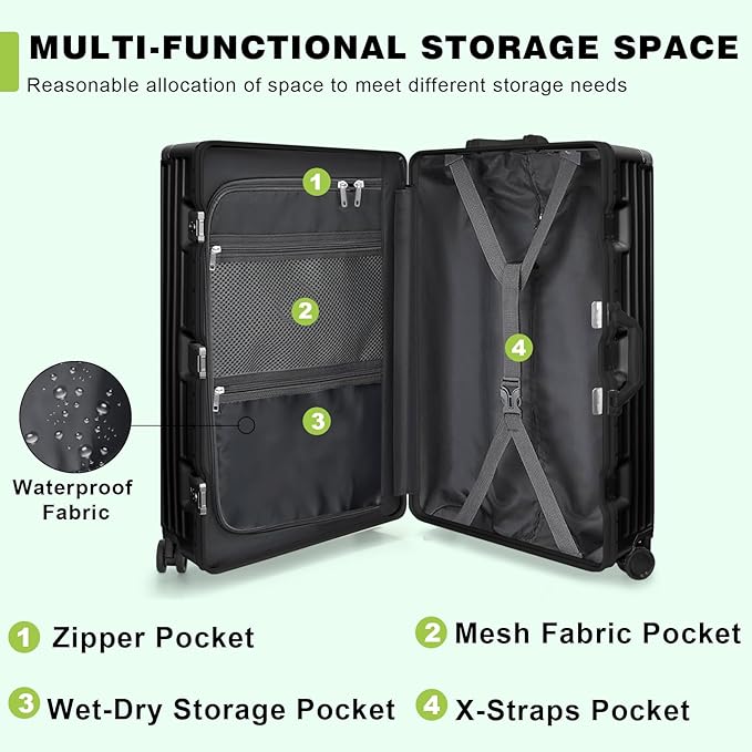 AnyZip Luggage PC+ABS Aluminum Frame Zipperless Checked Luggage Hard Shell Suitcase with TSA Lock Double Spinner Wheels 28 Inch Black