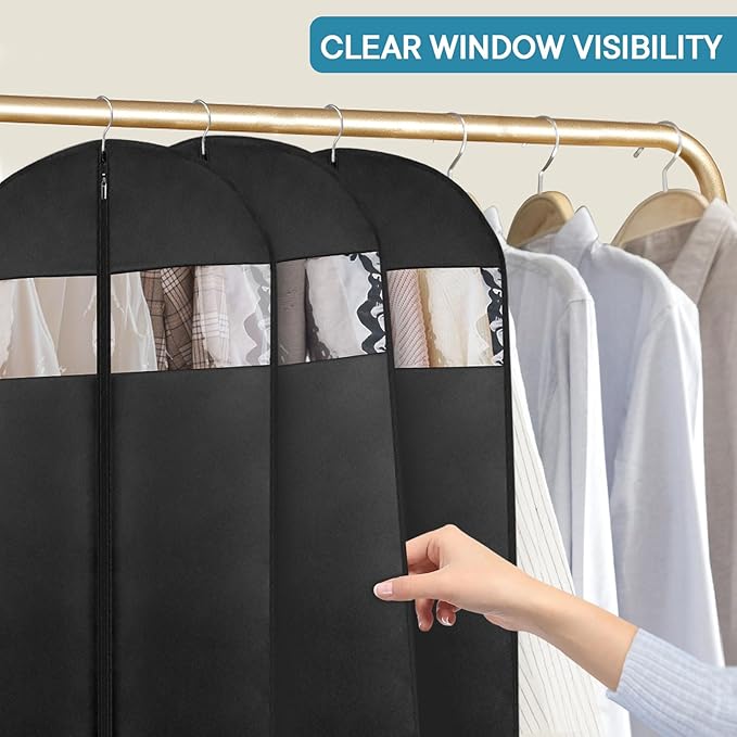 5 Pack - Moucas 50" Black Garment Bag, Mens Suit Bags for Closet Storage and Travel, Garment Bags for Hanging Clothes, Suit Cover Bags with Zipper for Coats, Dresses, Shirts