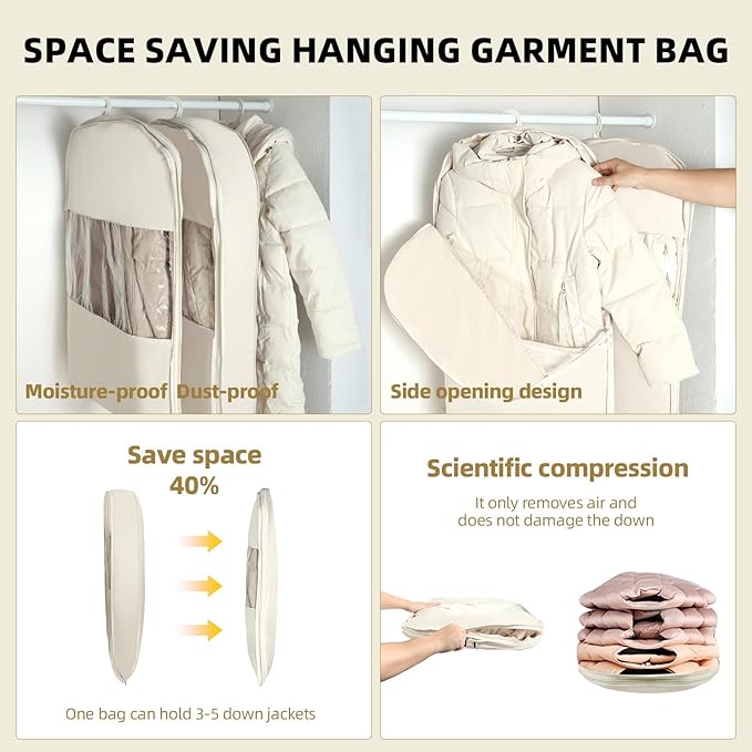 2 Packs Space Saving Garment Bag with Self Compression Zipper, Travel Suit Bags for Closet Storage, Hanging Garment Bag for Coats, Down Jackets (XLarge, Beige)