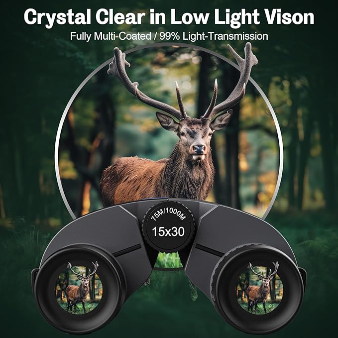 15x30 Compact Binoculars for Adults and Kids - Occer Large View High Powered Binoculars for Bird Watching - Lightweight Easy Focus Binocular with Low Light Vision for Outdoor Hunting Travel - Black