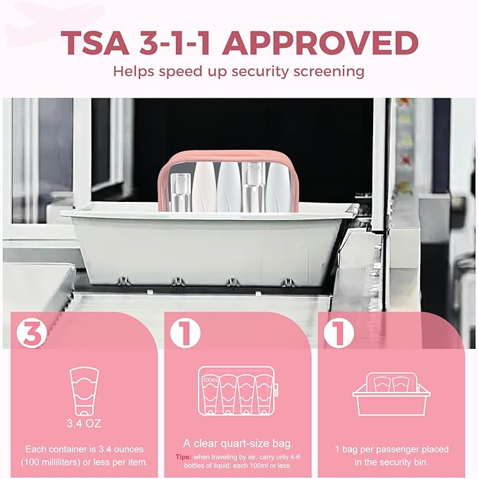 Moyad TSA Approved Clear Toiletry Bag, 3 Pack Quart Size 3-1-1 Liquids Pouch for Travel, Transparent Makeup & Cosmetic Organizer for Women Men, Peach Pink