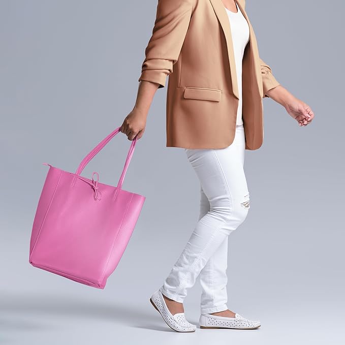 Italian Calf Leather Tote for Women with Zipper, Inner Pocket & Flat Base | Soft Unlined Shopper for Work & Travel