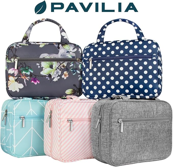 PAVILIA Hanging Toiletry Bag Travel Bag Women Men, Foldable Cosmetic Organizer, Roll up Makeup Bag, Water Resistant Accessories Toiletries, Large Travel Essentials Kit (Pink Stripe)