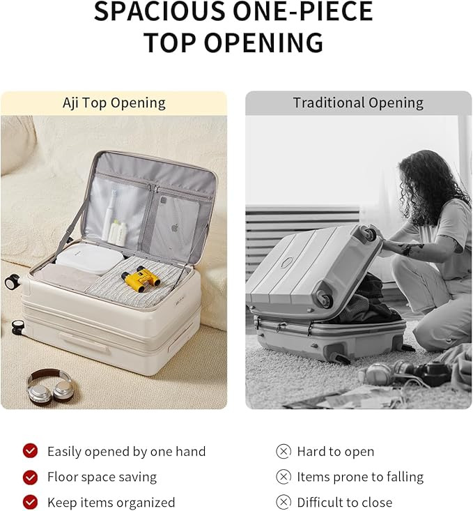 aji Expandable Top Open 24 Inch Checked Luggage with Spinner Wheels, Large Suitcase with TSA Lock, Hardside Travel Luggage Suitcases for Men Women, for 14+Days Travel, Coconut White