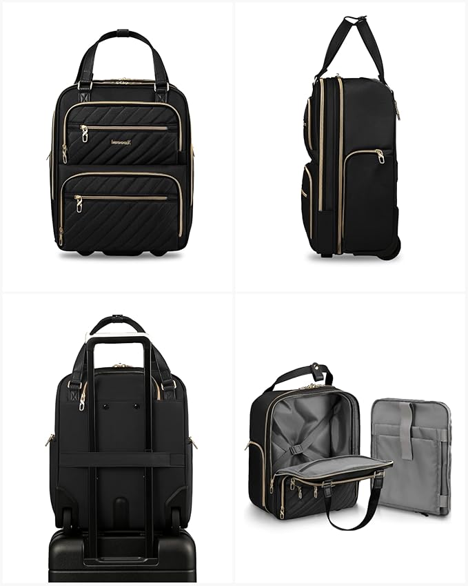 LUGGEX Underseat Carry On Luggage with Wheels, Stylish Lightweight Under Seat Luggage, Soft Sided Personal Item Suitcase for Short Trip (Black, 16 Inch)