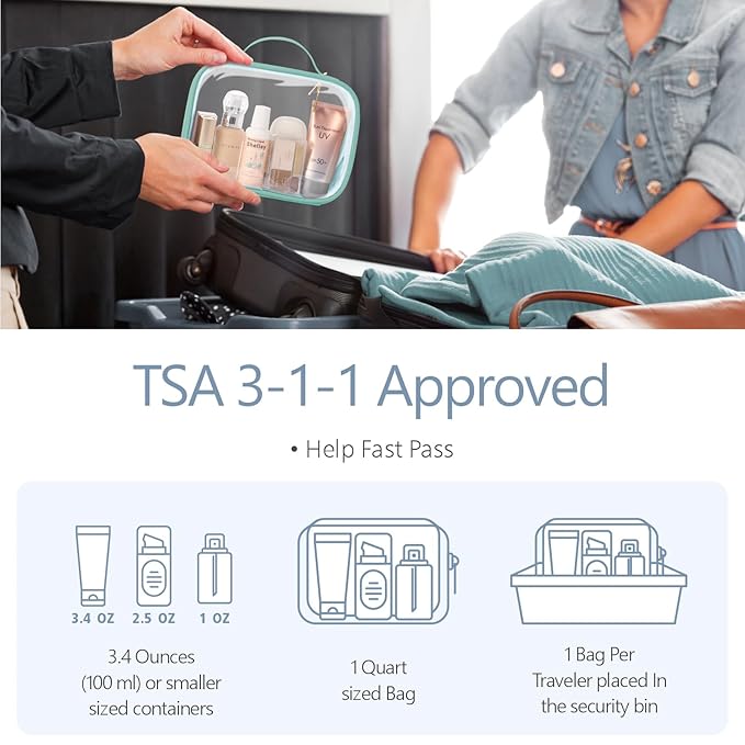 PACKISM TSA Approved Toiletry Bag, 2 Pack Clear Makeup Bags with Handle Large Opening, Clear Toiletry Bags Fit Carry-on Travel Essential, Travel Bags for Toiletries, Turquoise Green