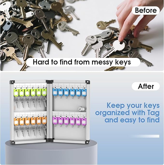 24 Slots Lock Box for Keys Wall Mount, Locking Key Cabinet, Key Storage Box with Key Hooks & Tags & Lables, 8.45" x 2.55" x 13" (Black-Key Lock, 24 Keys)