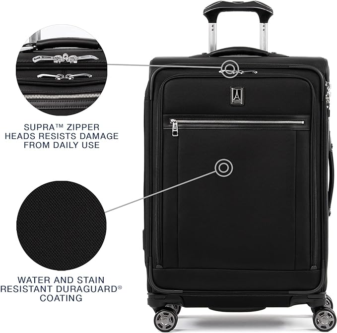 Travelpro Platinum Elite Softside Expandable Checked Luggage, 8 Wheel Spinner Suitcase, TSA Lock, Men and Women, Shadow Black, Checked Medium 25-Inch