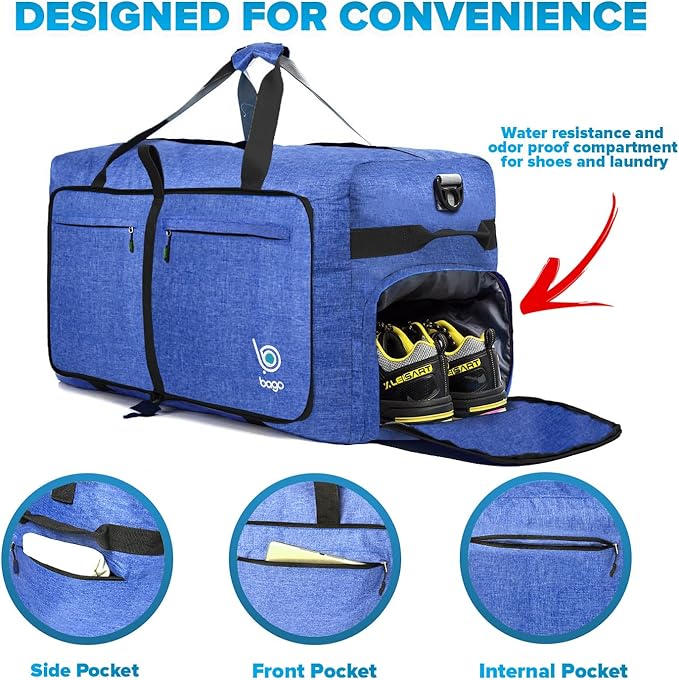 Bago Large Foldable Duffel Bags for Traveling Women & Men - 120L Packable Duffle Bag for Travel with Shoe Compartment - Water Repellant, Heavy Duty, Lightweight Folding & Collapsible (SnowDepBlue)