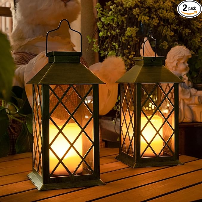 TAKE ME 14" Solar Lanterns Outdoor Waterproof Garden Lanterns Large Flickering Flameless Candle Mission Lights for Table,Outdoor,Party Mothers Day Gifts ( 2 Packs Bronze-Green Color)