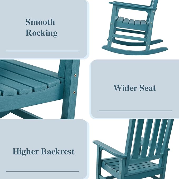 Psilvam Oversized Outdoor Rocking Chair Set of 2, Porch Rocker with 21" Wide Seat and 32" Tall Backrest, Pre-Assembled with Most Components for Effortless Installation (Blue)