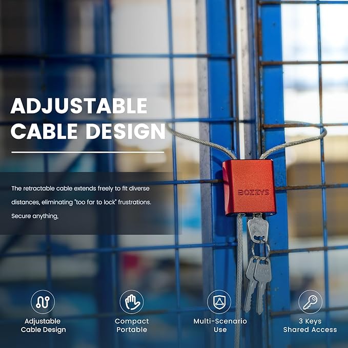 Adjustable Cable Padlock with 3 Keys | 1.15ft L x 1/6in D Aluminum Steel Cable Locks for Bikes, Gate, Lockers & Outdoor Gear | Keyed Different & Red