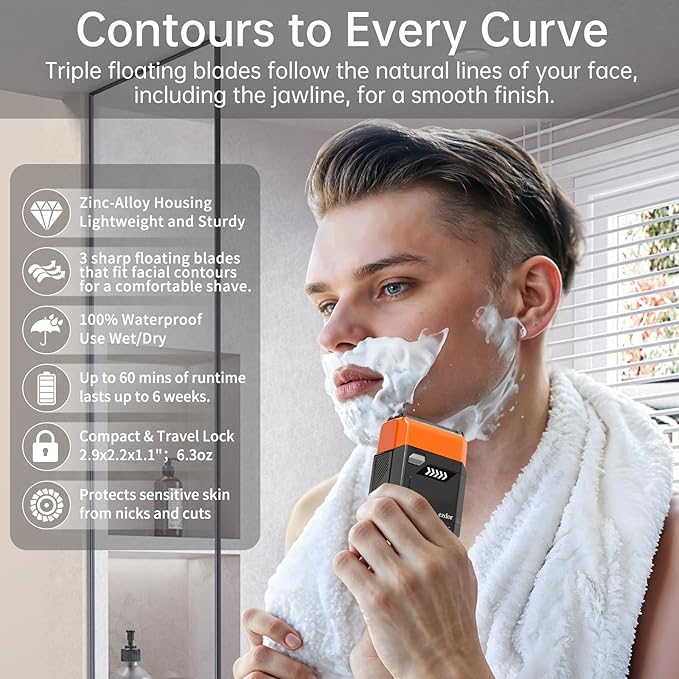 Electric Razor for Men, Mini Foil Shaver with 3-Blade, USB-C Rechargeable Waterproof Cordless Metal Shaver with Travel Case