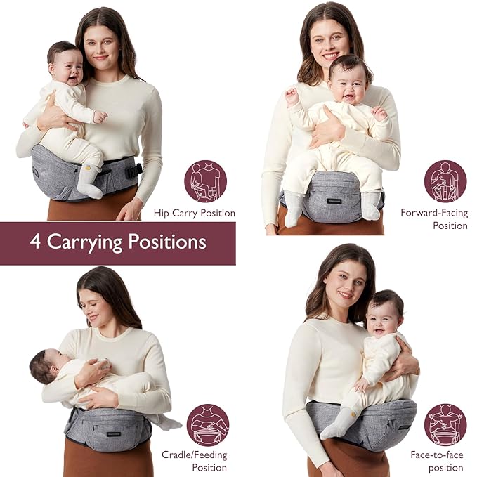Momcozy Hip Seat Baby Carrier - Adjustable Waistband with Original 3D Belly Protector, Ergonomic Carrier with Various Pockets for Newborns & Toddlers up to 45lbs (Grey, Large)