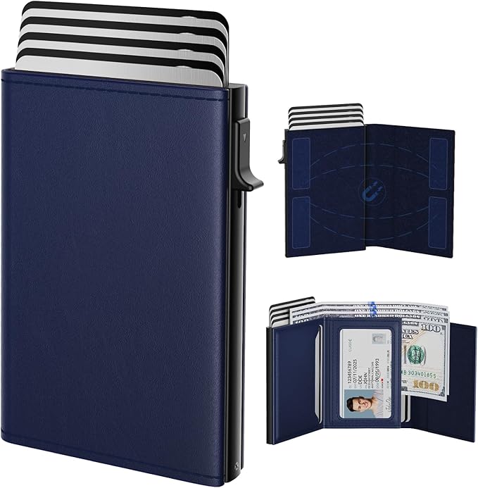 typecase Mens Wallet Card Holder: Pop Up Aluminum Case, Premium Genuine Leather, Smart, RFID Blocking, Slim, Minimalist, Front Pocket - 9-14 Card Capacity | ID Window | Cash Slot (Navy)