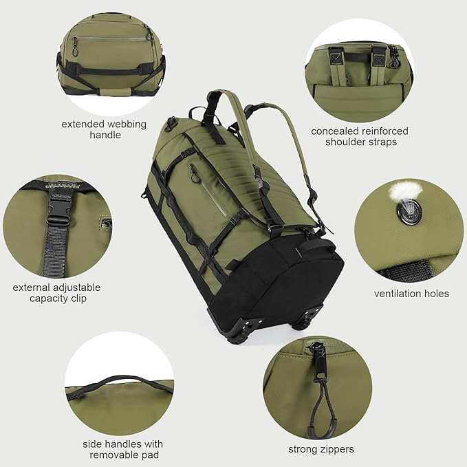 Rolling Duffle Bag with Wheels,86L 30”Folding Duffle Backpack with 2 Wheels,Travel Bag with Separate Shoe Compartment,Green