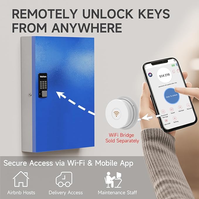 WeHere 192 Key Lock Box Wall Mount, APP Bluetooth/One Time Password/Wi-Fi Remote/Fixed Code/Key Unlock, Smart Key Cabinet, Key Organizer Box for Car Dealert, Hotel, Office, Real Estate Key Manage